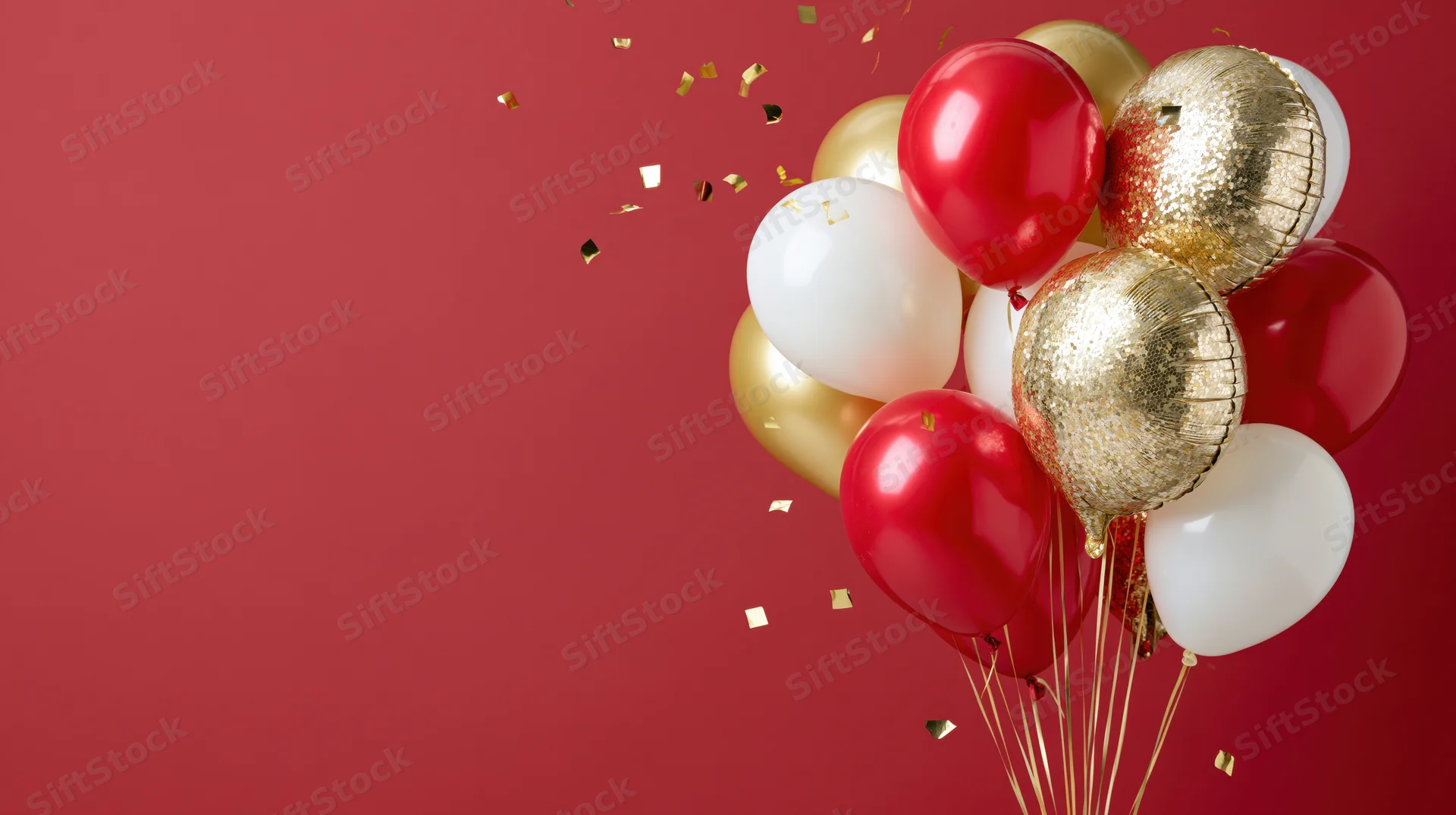 Cluster of red, gold and white balloons with confetti on red background