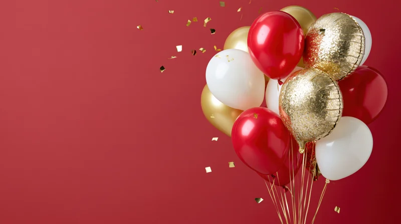 Cluster of red, gold and white balloons with confetti on red background