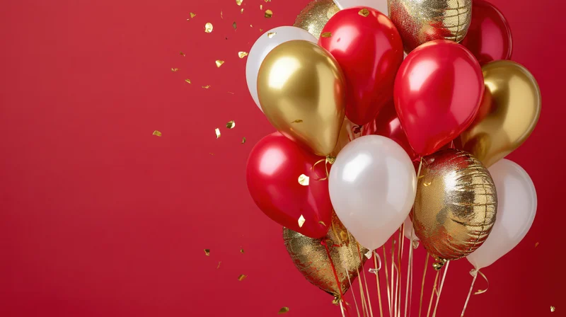 Cluster of red, gold, and white balloons with falling confetti against a red background