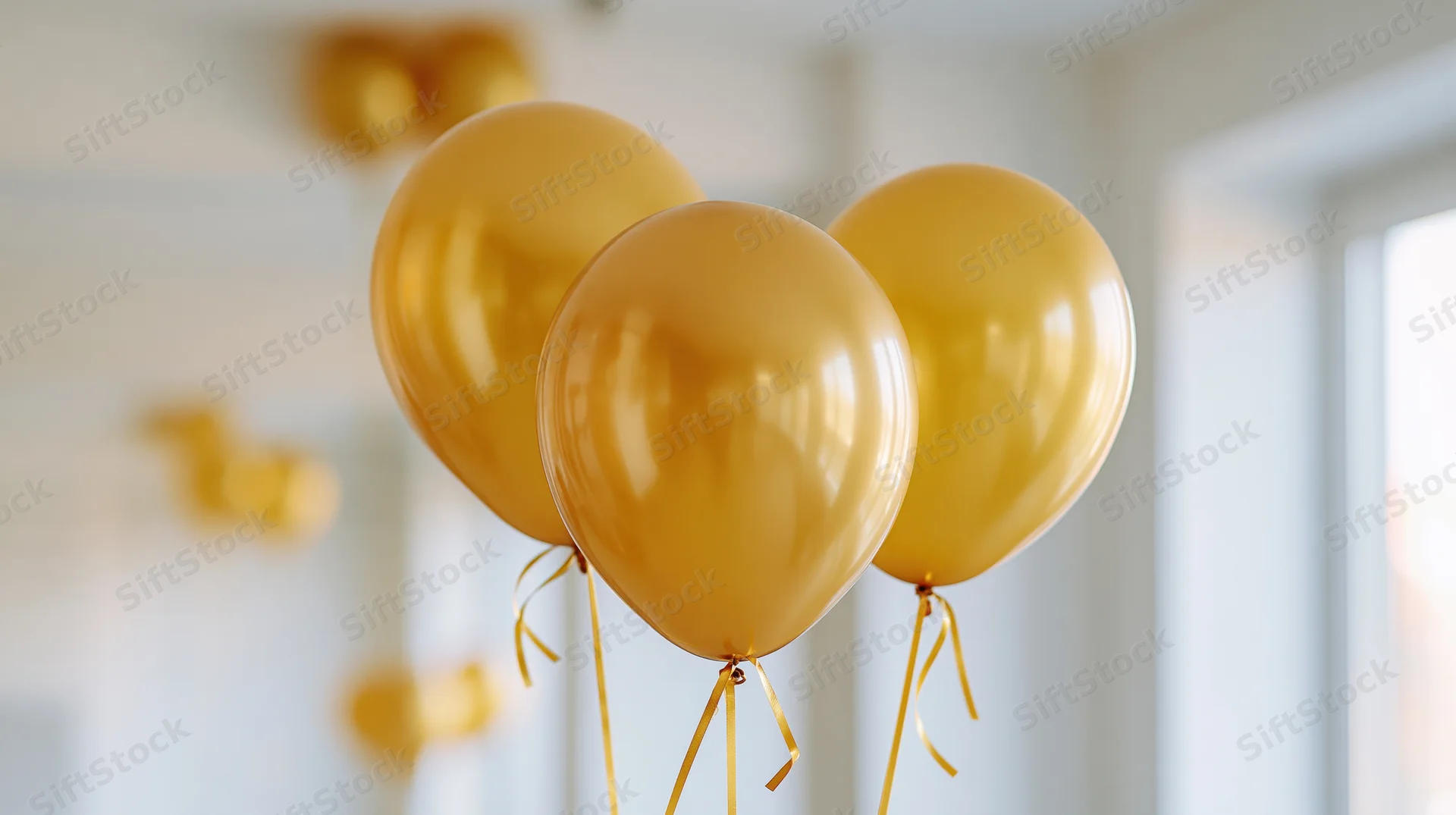 Three metallic gold helium balloons floating in a bright room near a window