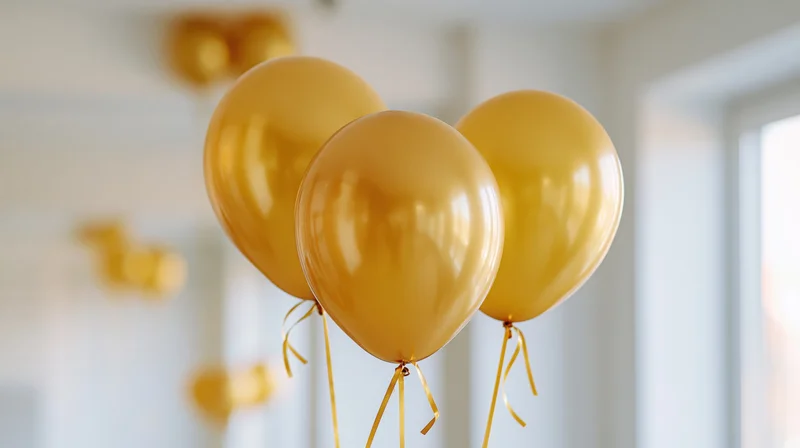 Three metallic gold helium balloons floating in a bright room near a window