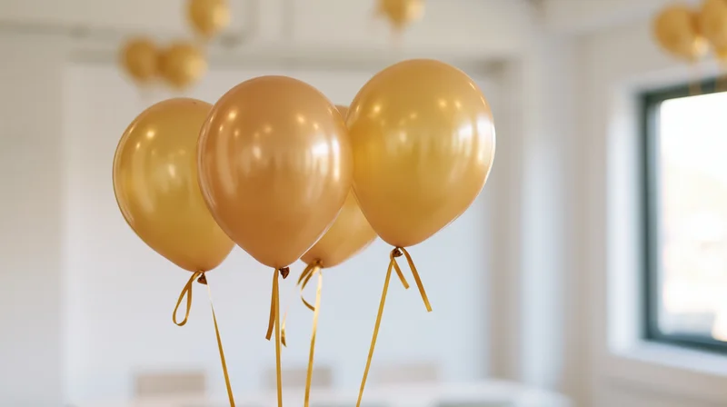 Cluster of metallic gold helium balloons floating in a bright modern office interior