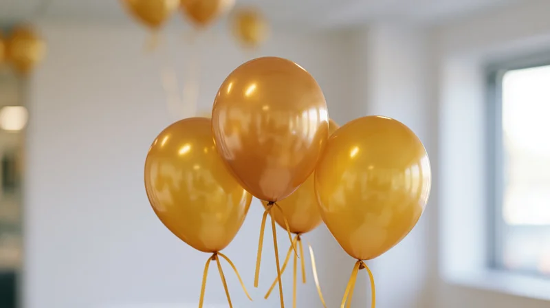 Cluster of metallic gold helium balloons floating indoors near a window