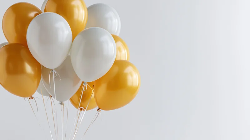 Cluster of white and gold helium balloons floating against a plain light background with copyspace