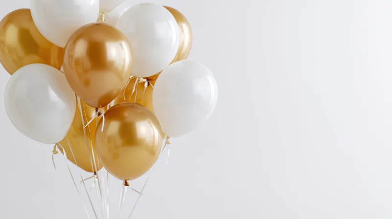 Cluster of white and gold helium balloons floating against a plain white background with copyspace