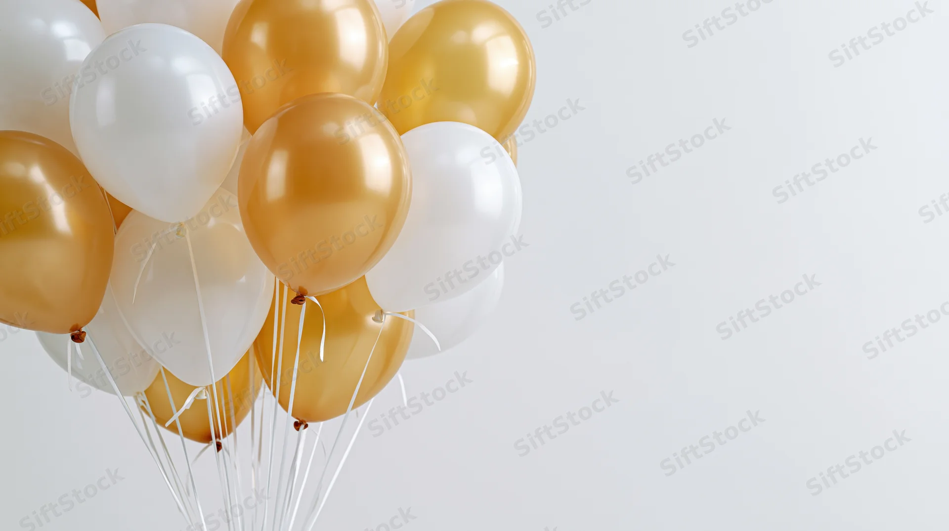 Cluster of white and gold helium balloons floating against a plain background with copyspace