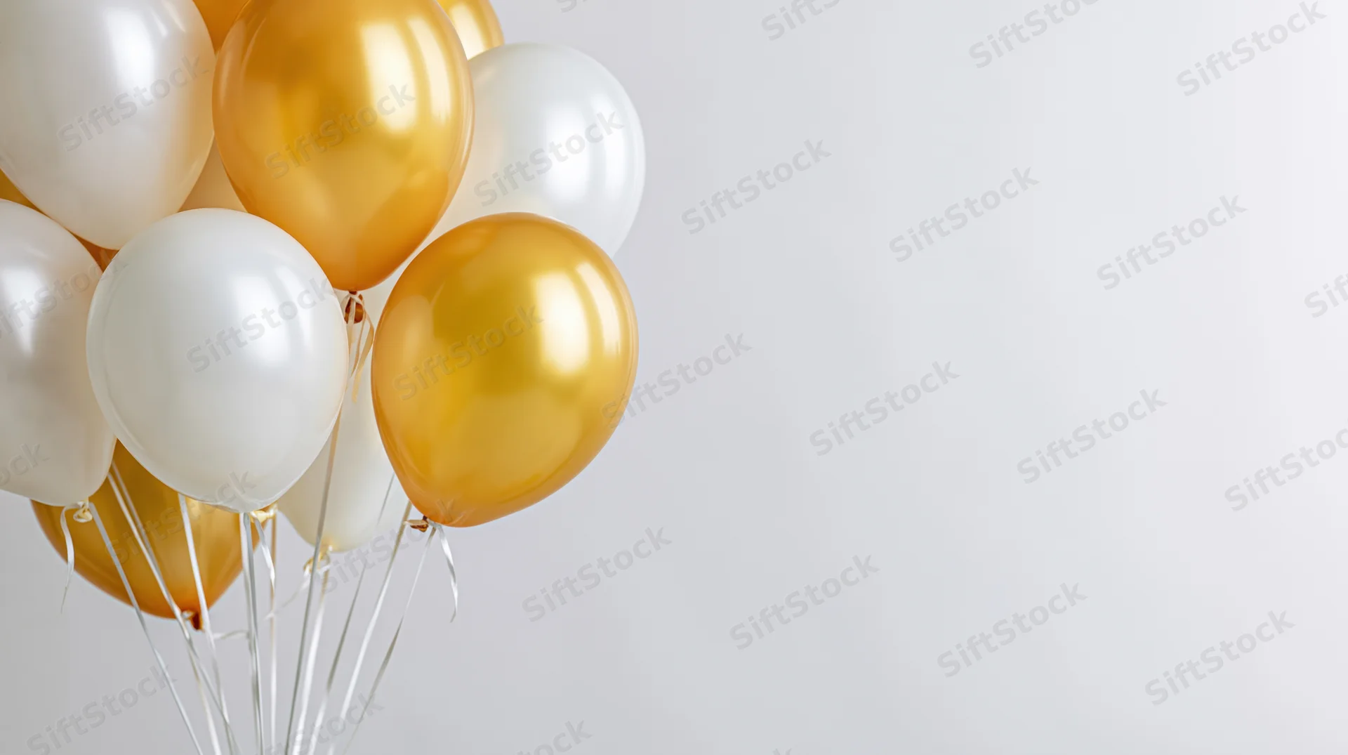 Cluster of white and gold helium balloons floating against a plain white background with copyspace