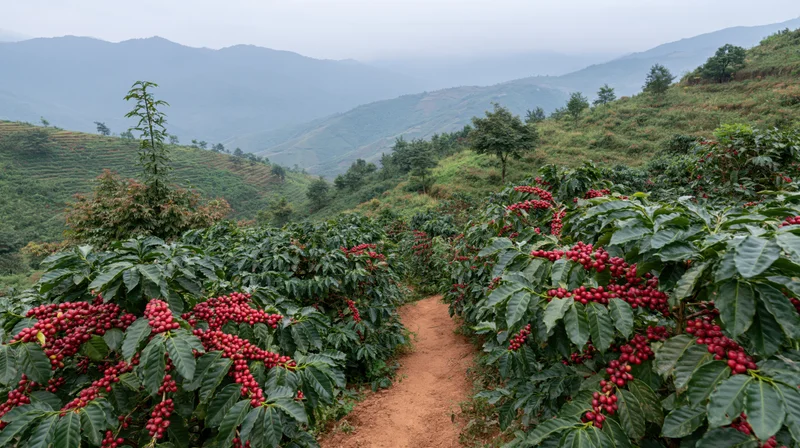Coffee plants heavy with red cherries growing in rows along a dirt path through hilly terrain