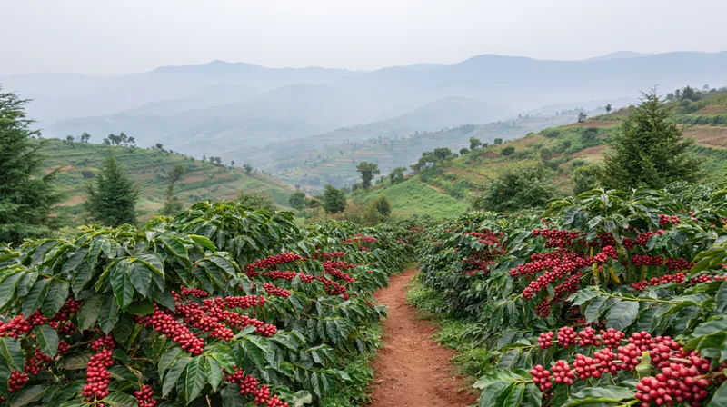 Rows of coffee bushes heavy with red cherries on a dirt path through hilly terrain