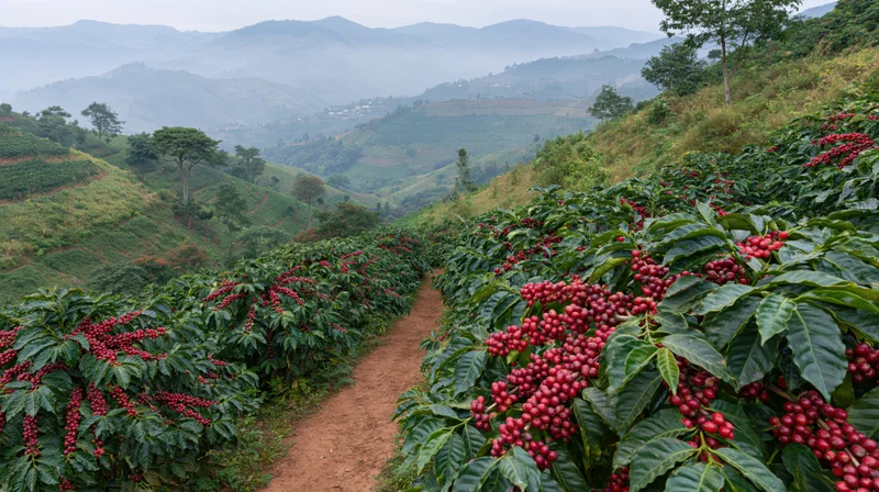 Coffee plants heavy with red cherries growing in rows along a dirt path on a hilly farm