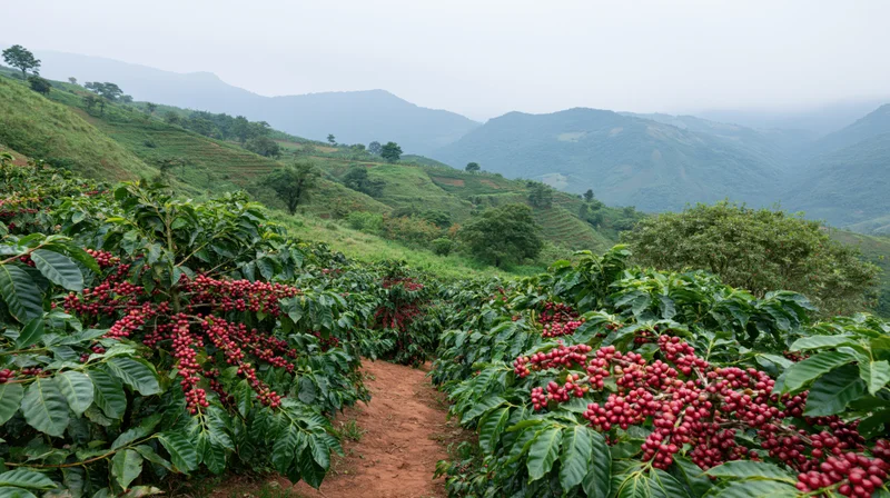 Coffee plants heavy with red cherries growing in rows on a hilly farm with mountains in the background