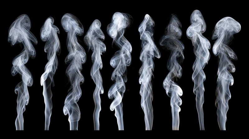 Ten white smoke plumes rising vertically in a row against a black background
