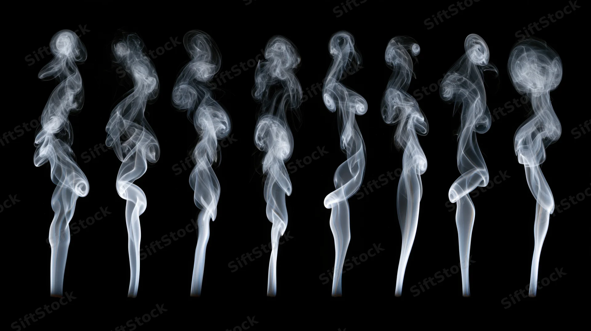 Ten white smoke plumes rising and swirling against a black background