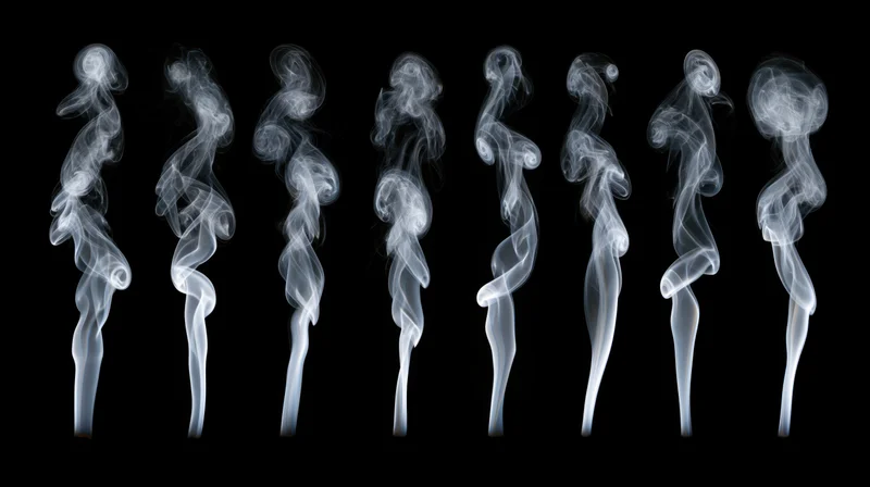 Ten white smoke plumes rising and swirling against a black background