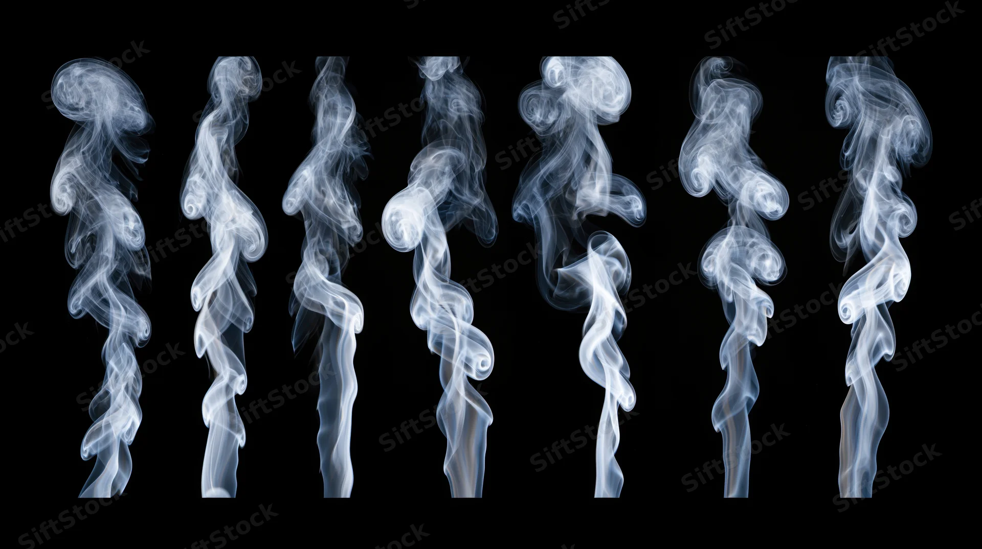 Ten white smoke plumes rising in vertical arrangement against black background