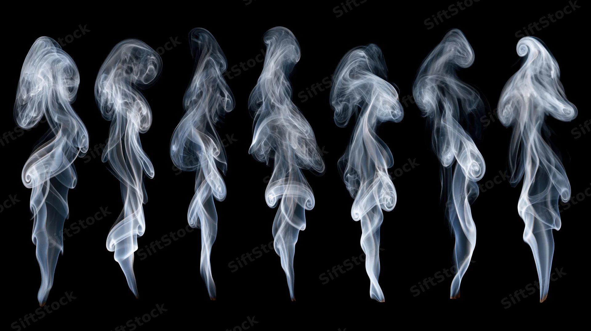 Seven white smoke plumes rising in swirling shapes against a black background