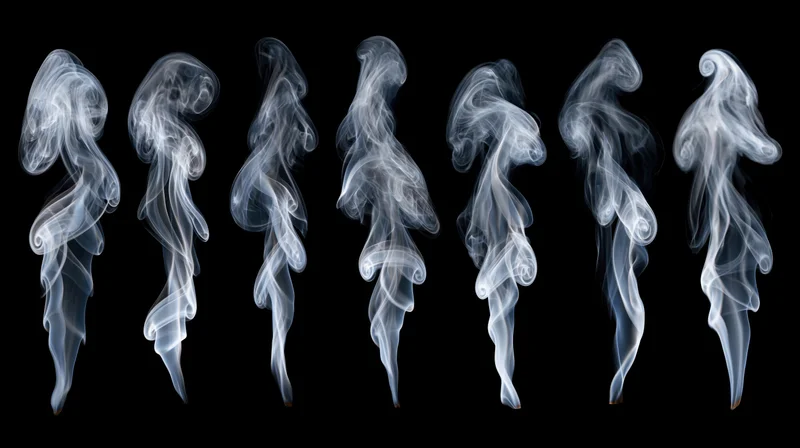 Seven white smoke plumes rising in swirling shapes against a black background