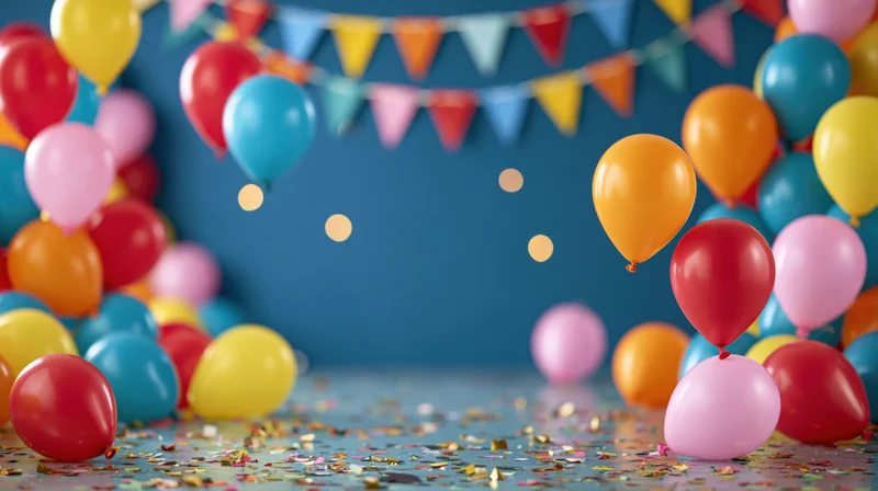 Colorful balloons and confetti scattered on a blue floor with bunting in the background