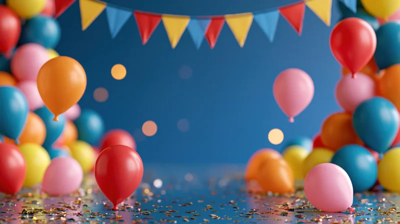 Colorful balloons and bunting arranged for a birthday party celebration with confetti on the floor and copyspace in the center