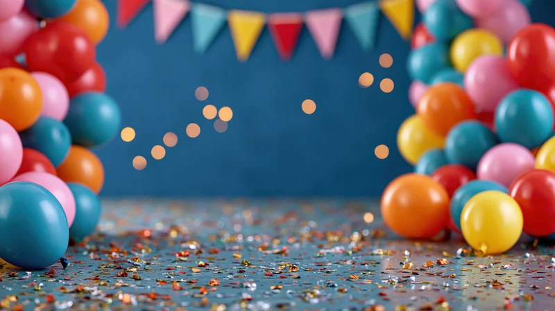 Colorful balloons and confetti arranged on a blue surface with banner decorations framing a copyspace background