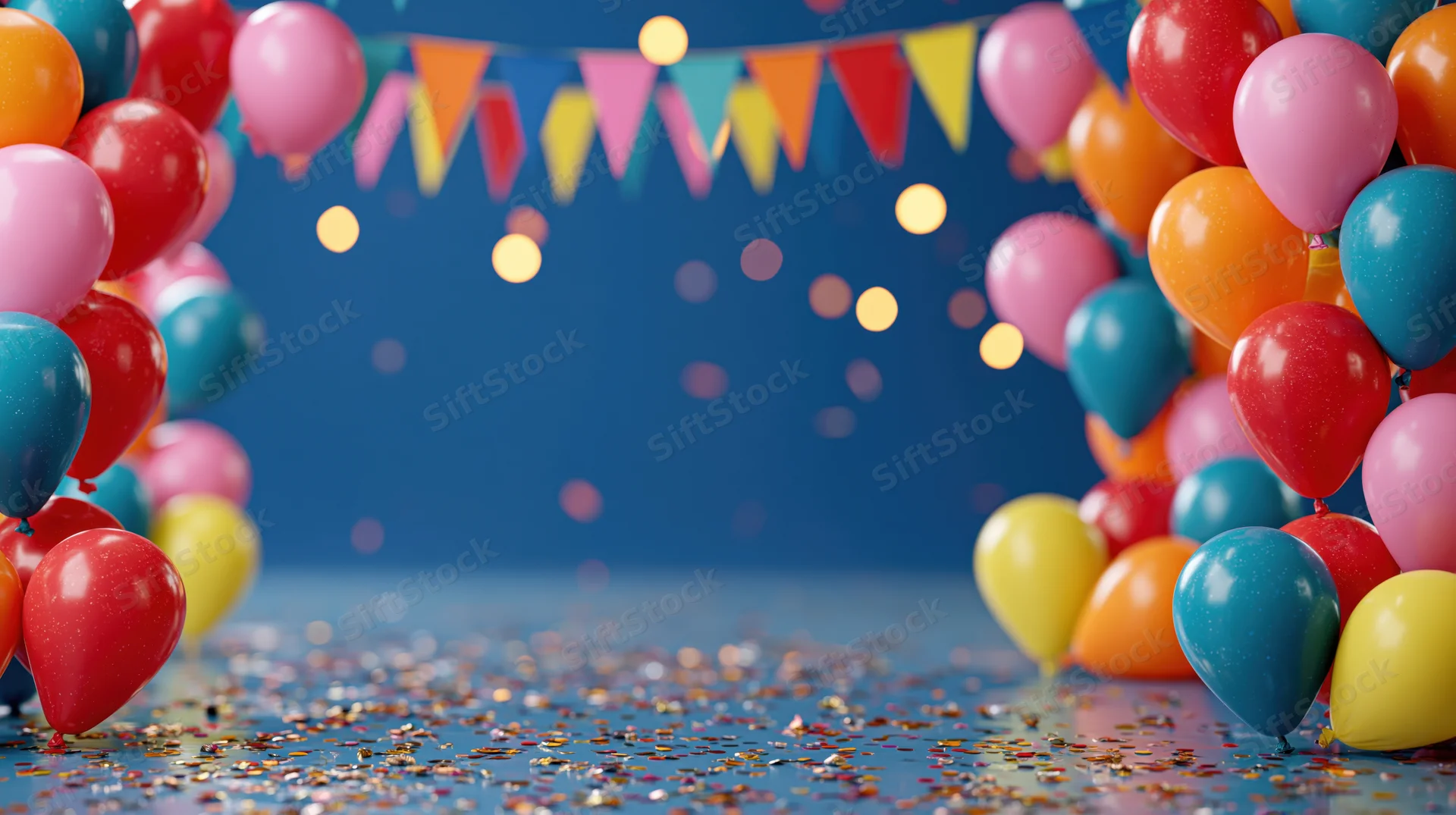 Colorful balloons and confetti arranged as party decorations on a blue surface with bunting in the background