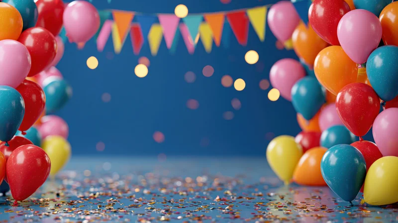 Colorful balloons and confetti arranged as party decorations on a blue surface with bunting in the background
