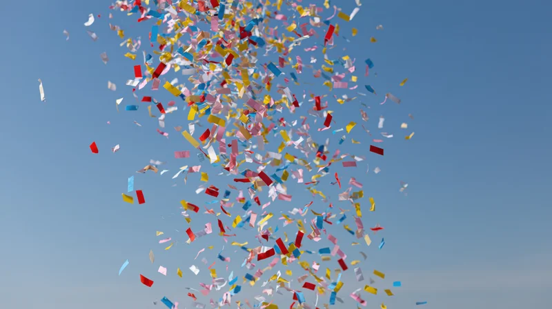 Colorful confetti and paper streamers exploding upward into the sky