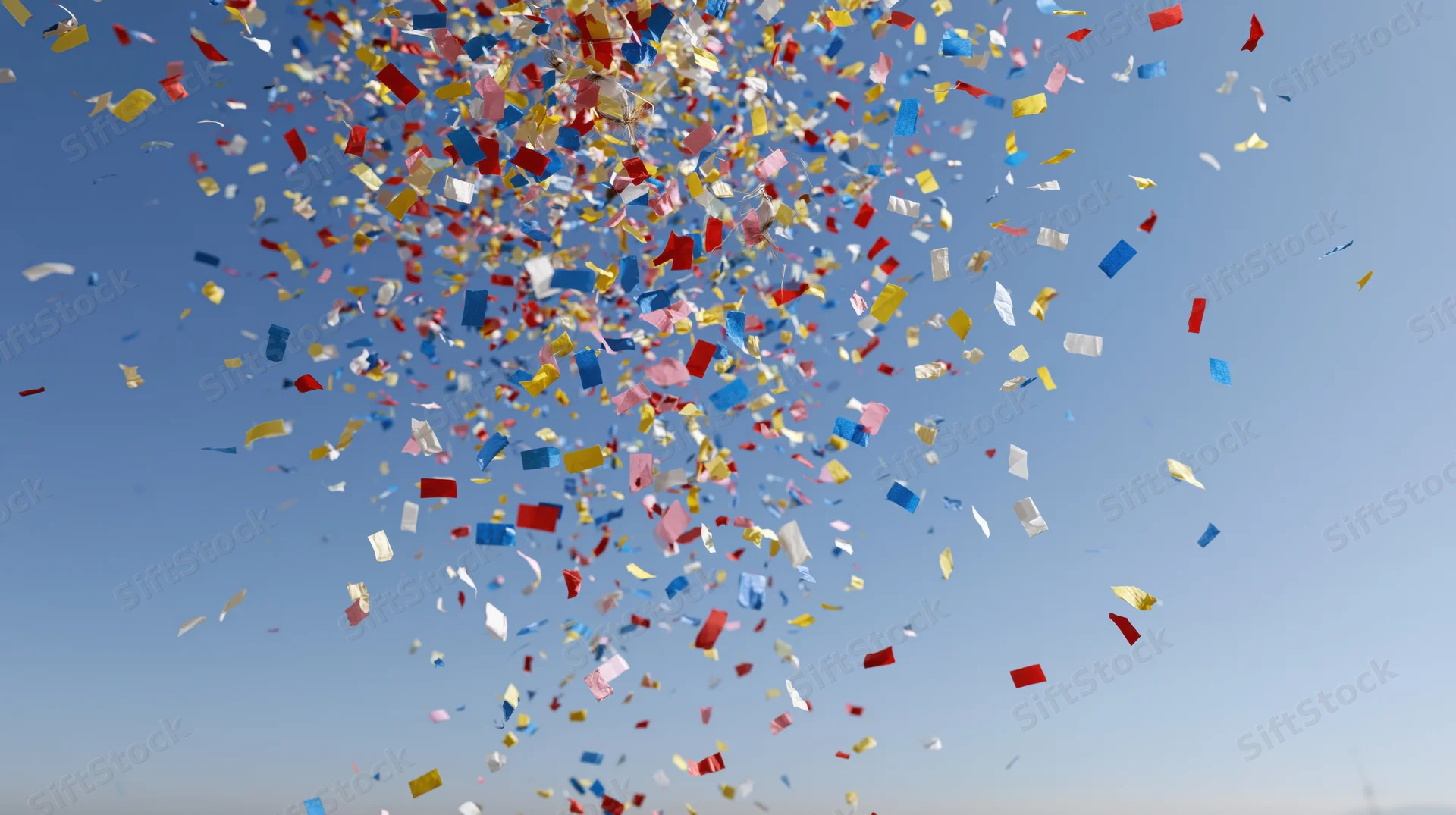 Colorful confetti and paper streamers exploding upward into the sky during a celebration