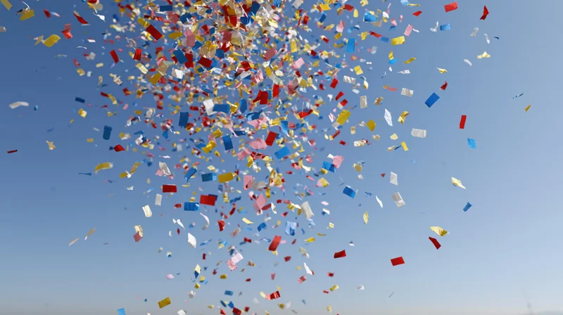 Colorful confetti and paper streamers exploding upward into the sky during a celebration