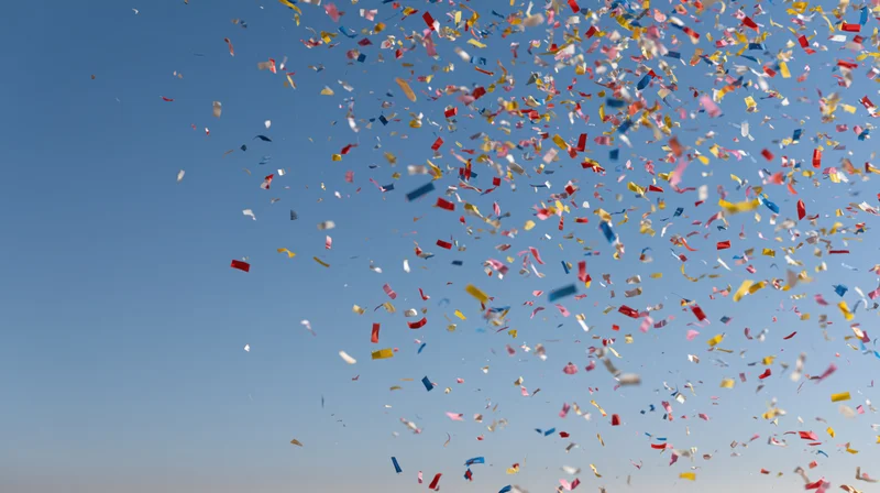 Colorful confetti and paper streamers exploding upward into the sky
