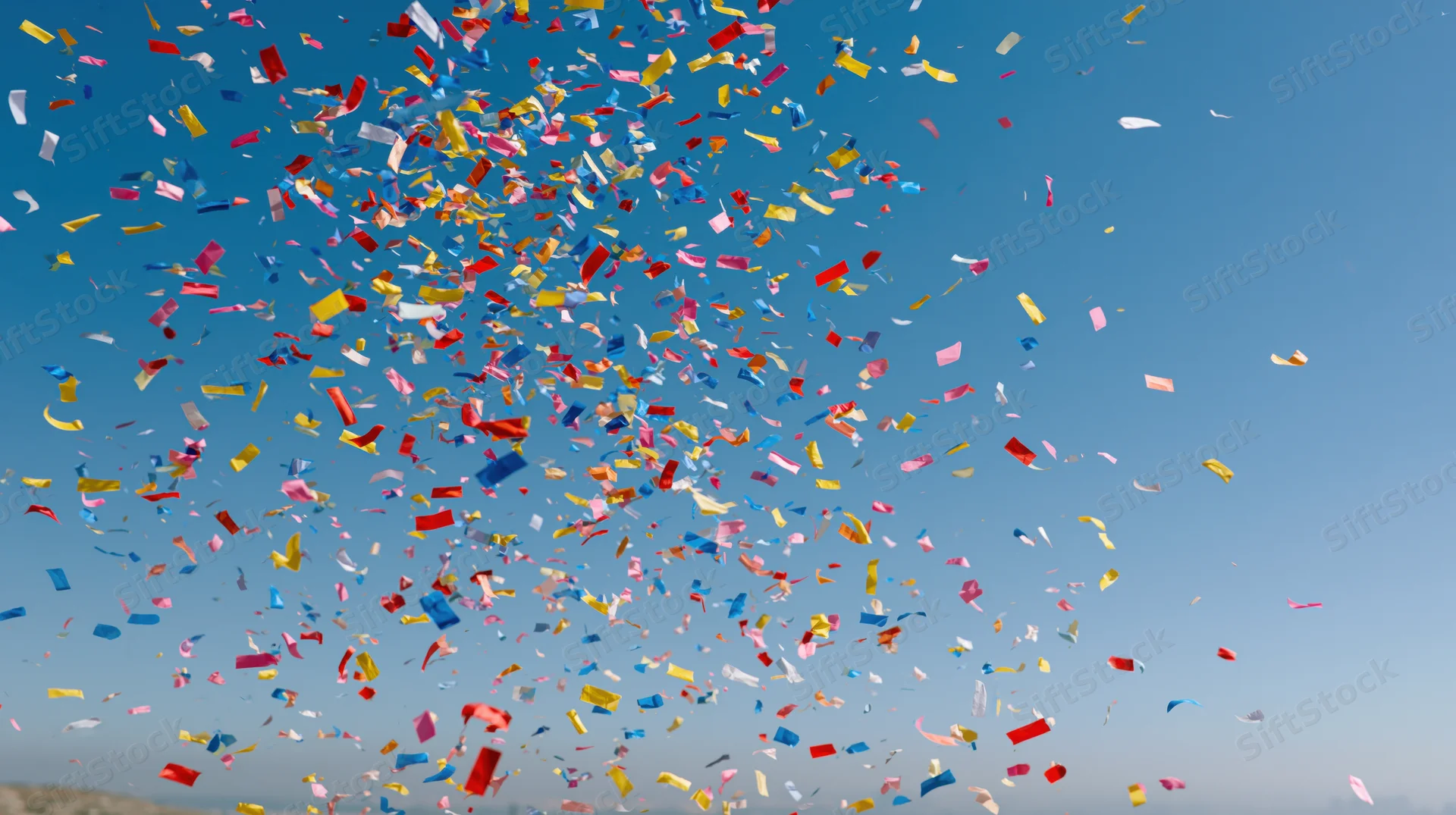 Colorful confetti and paper streamers exploding upward into the sky during a celebration