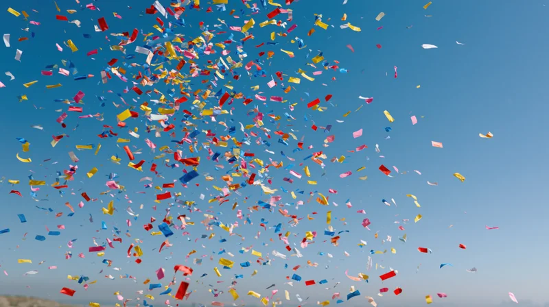 Colorful confetti and paper streamers exploding upward into the sky during a celebration