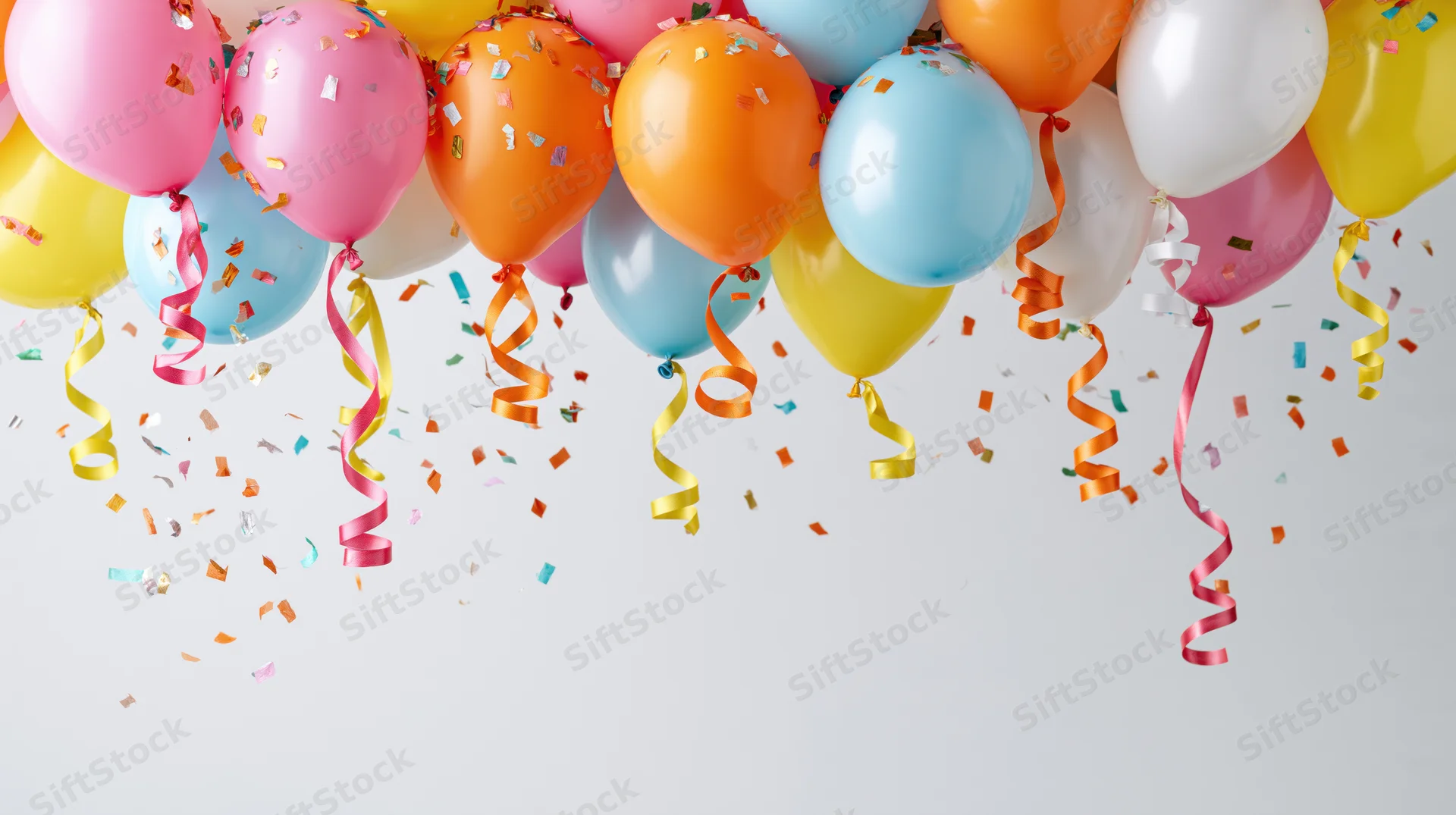 Colorful helium balloons with confetti and ribbons clustered along the top edge against a white background