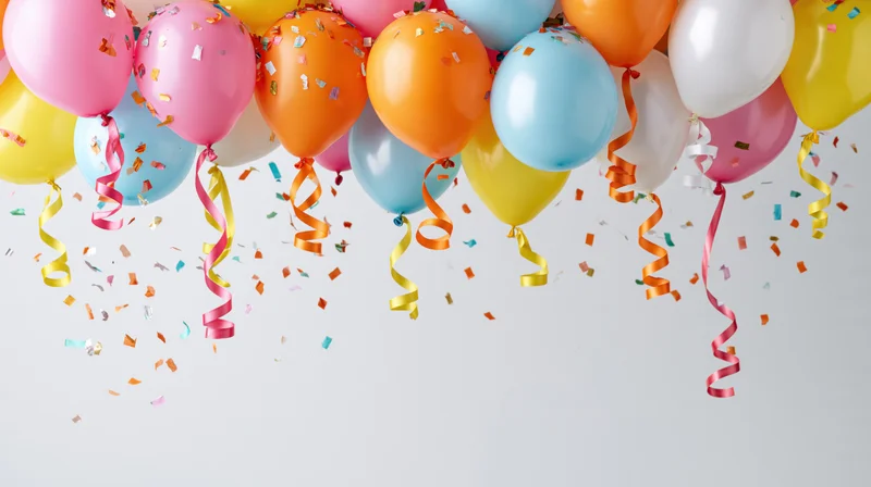 Colorful helium balloons with confetti and ribbons clustered along the top edge against a white background