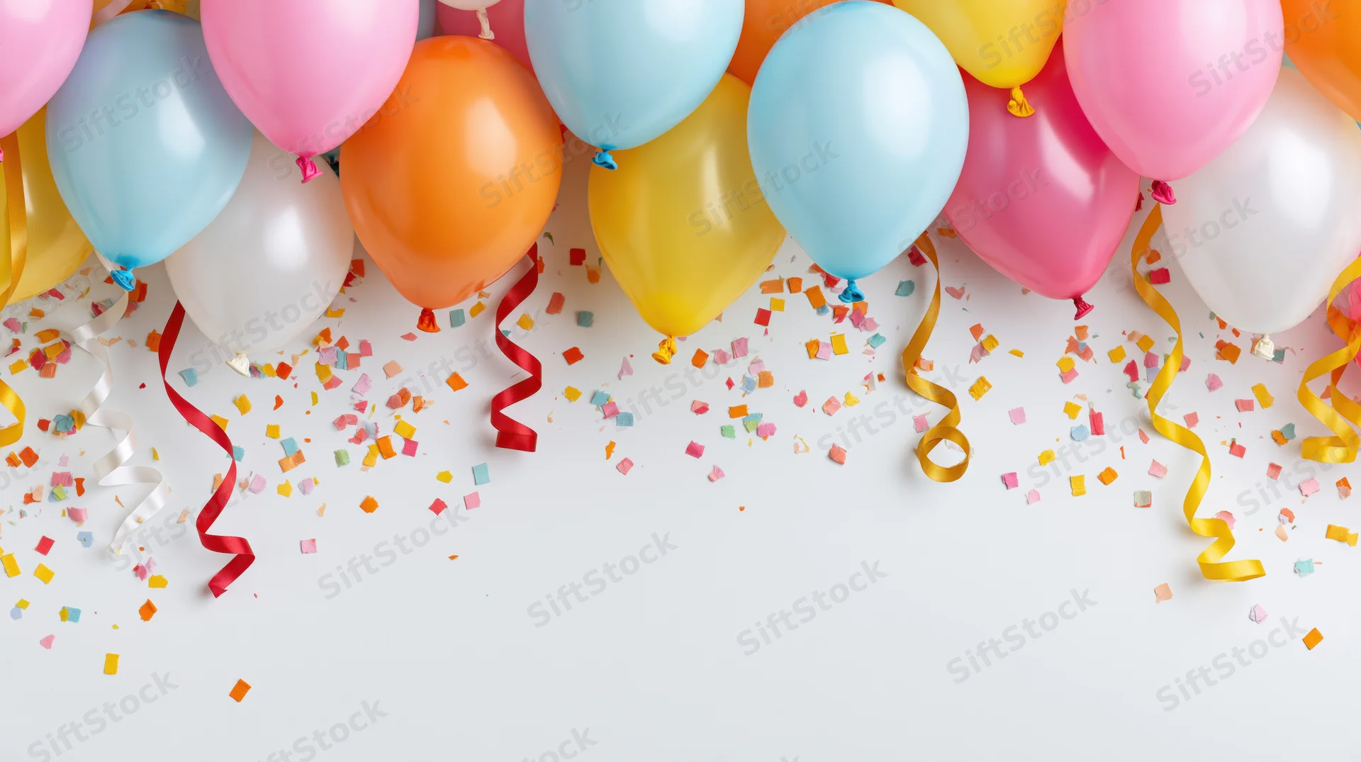 Colorful helium balloons with confetti and ribbons clustered along the top edge of a white surface