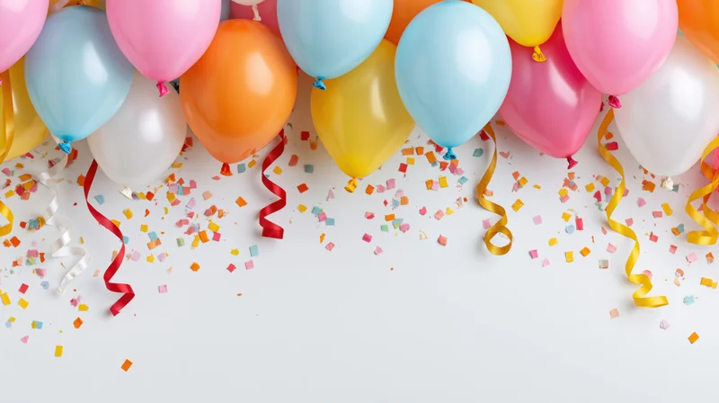 Colorful helium balloons with confetti and ribbons clustered along the top edge of a white surface