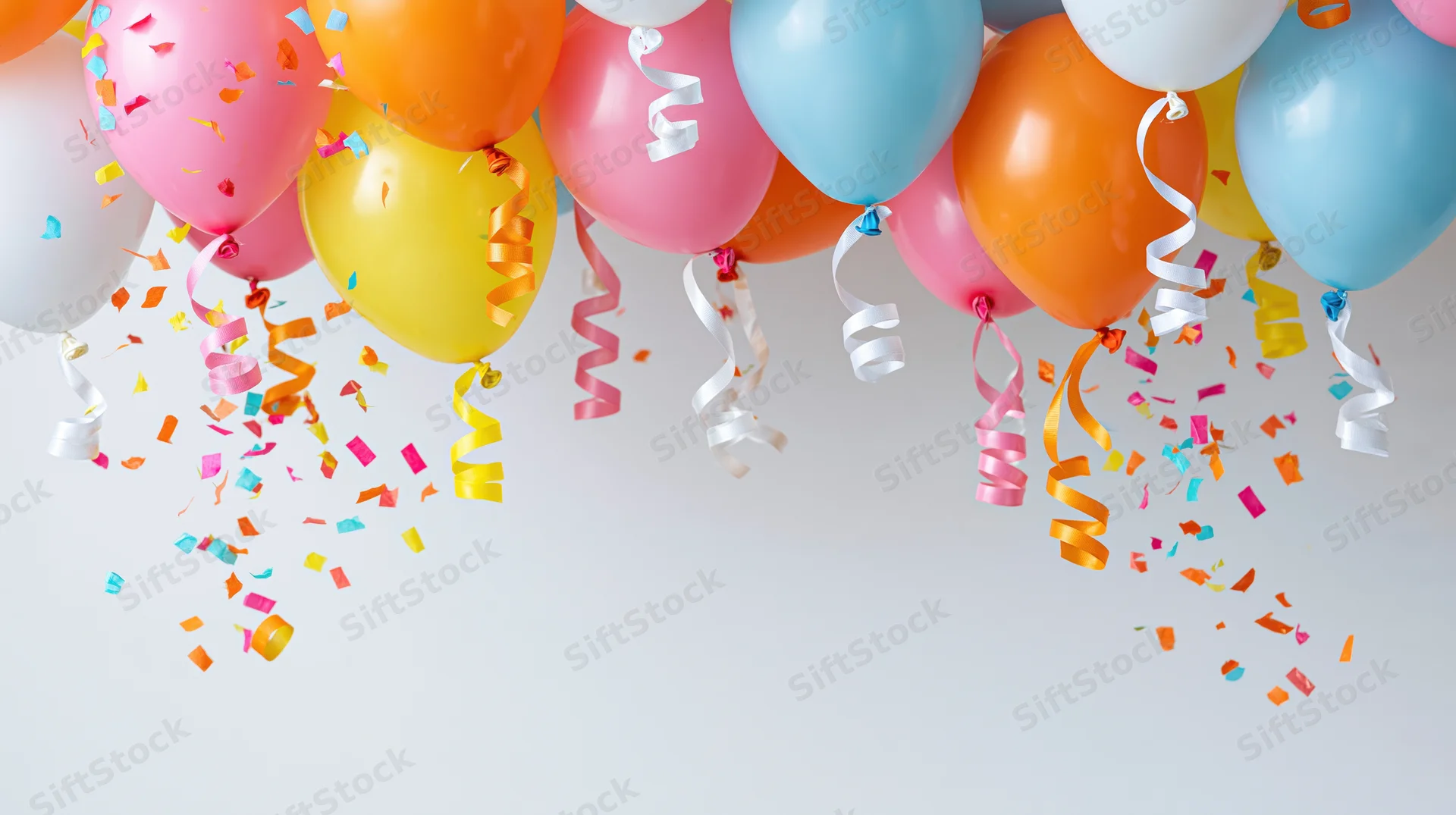 Colorful helium balloons with confetti and streamers clustered along the top edge against a white background