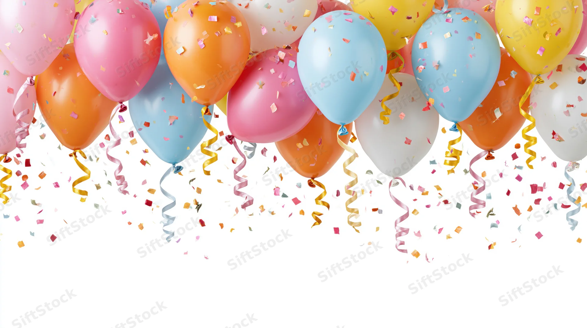 Colorful helium balloons with confetti and ribbons clustered along the top edge against white background