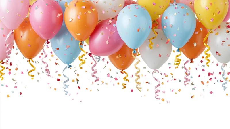 Colorful helium balloons with confetti and ribbons clustered along the top edge against white background