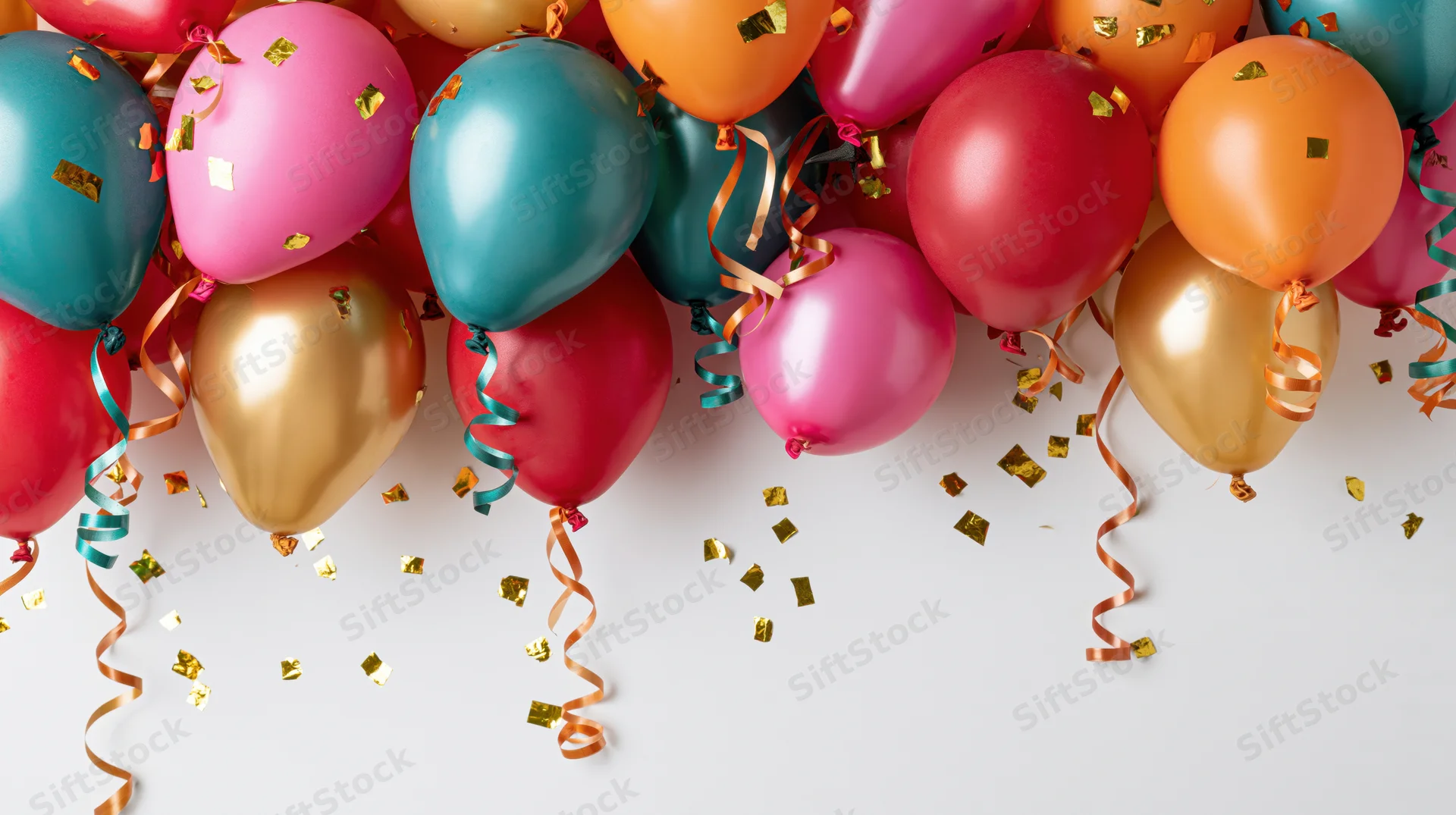 Colorful helium balloons clustered along the top edge of frame with confetti and ribbons on white background