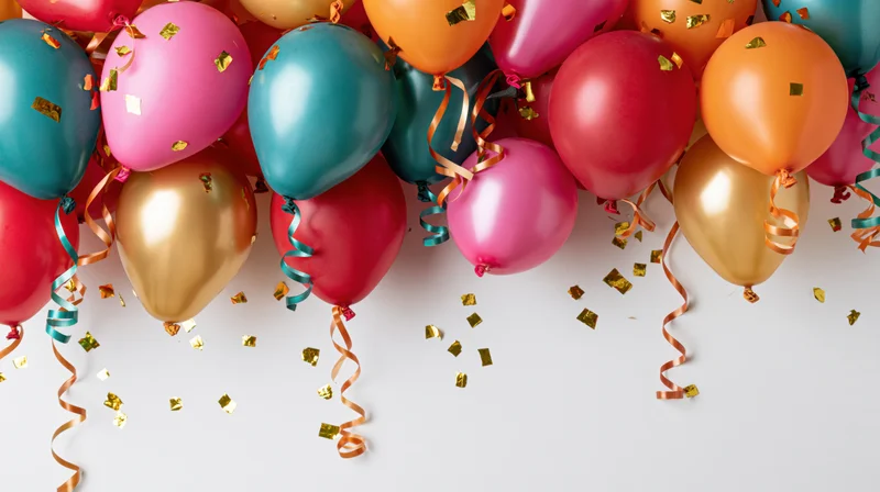 Colorful helium balloons clustered along the top edge of frame with confetti and ribbons on white background