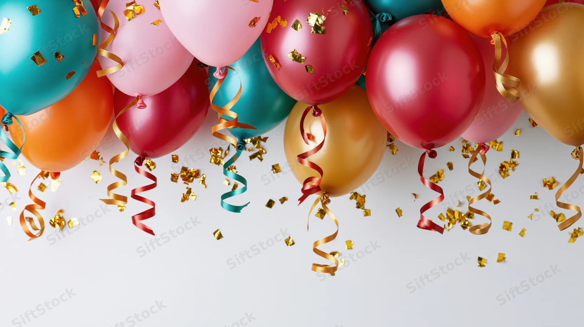 Colorful helium balloons with confetti and ribbons clustered along the top edge of the frame