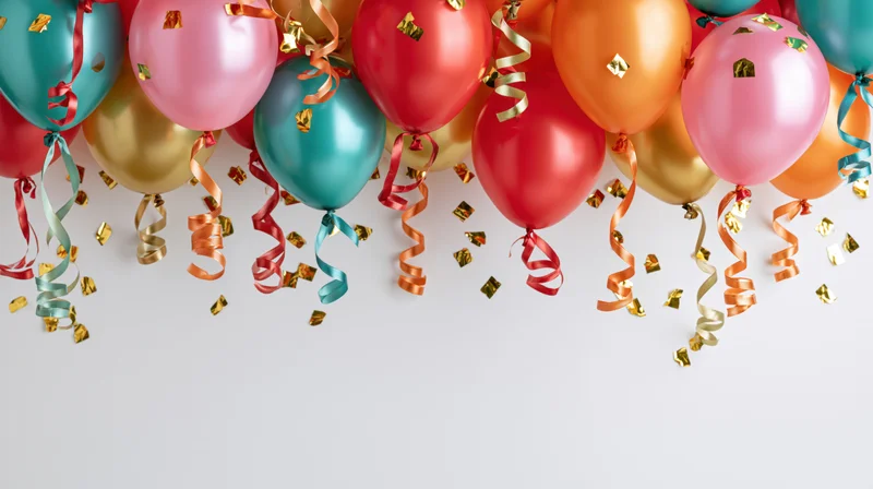 Colorful helium balloons with ribbons and confetti clustered along the top edge of the frame