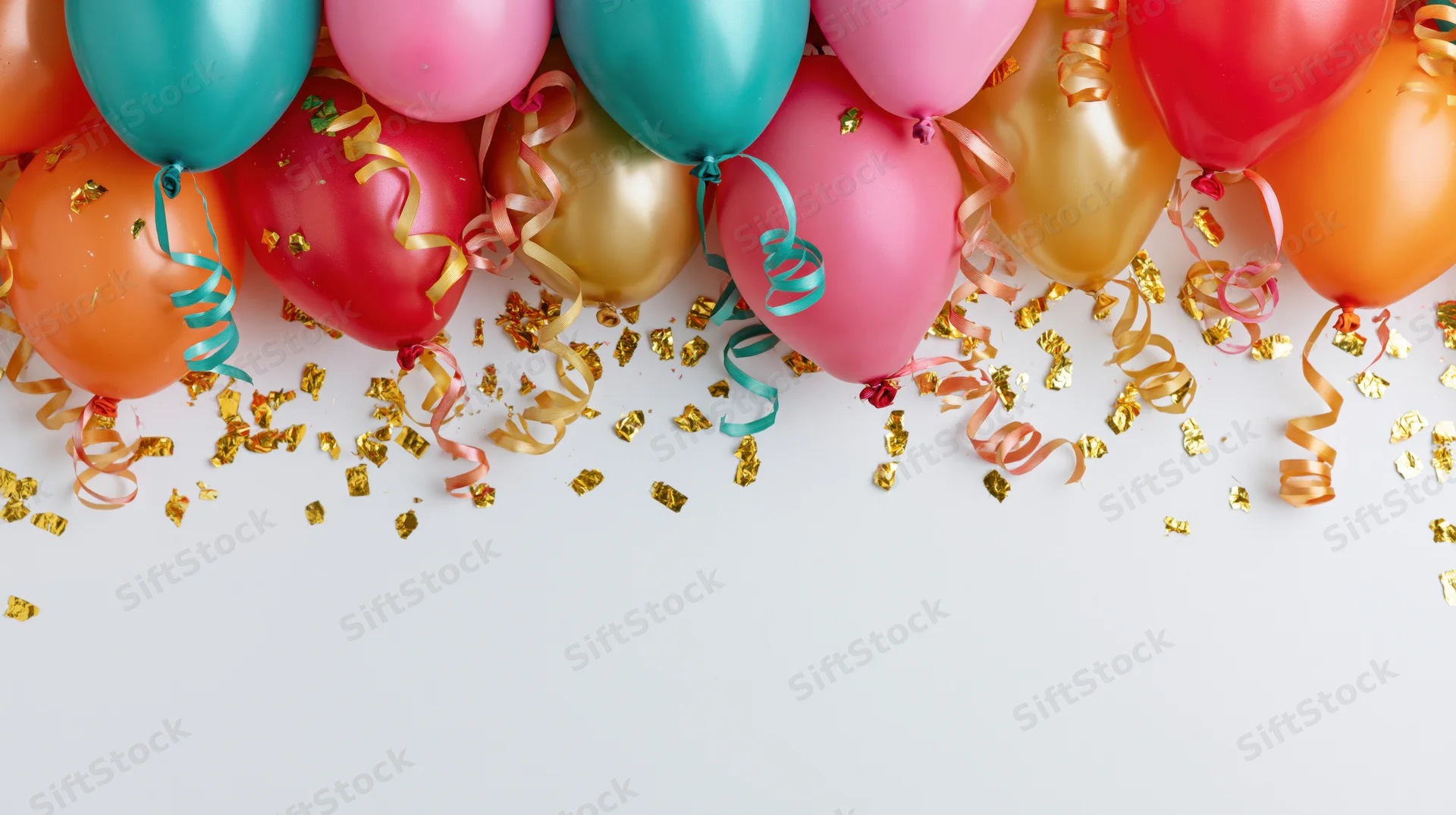 Colorful balloons and confetti arranged along the top edge of a white surface with copyspace below