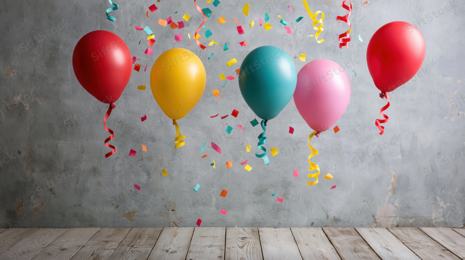 Colorful helium balloons floating with confetti against a concrete wall above wooden floor