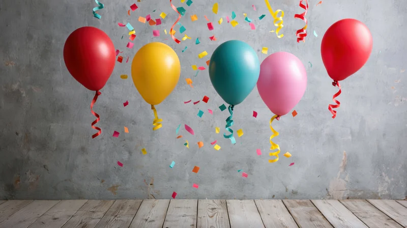 Colorful helium balloons floating with confetti against a concrete wall above wooden floor