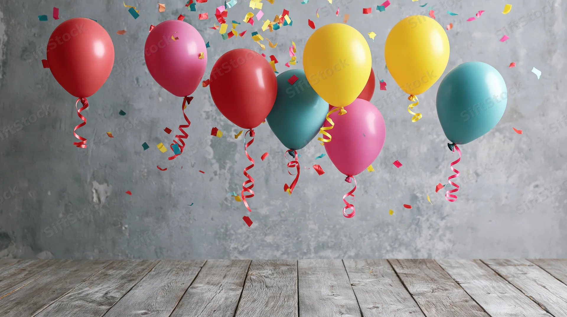 Colorful helium balloons floating with confetti above wooden floor against concrete wall