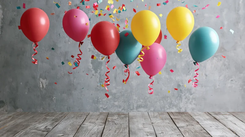 Colorful helium balloons floating with confetti above wooden floor against concrete wall