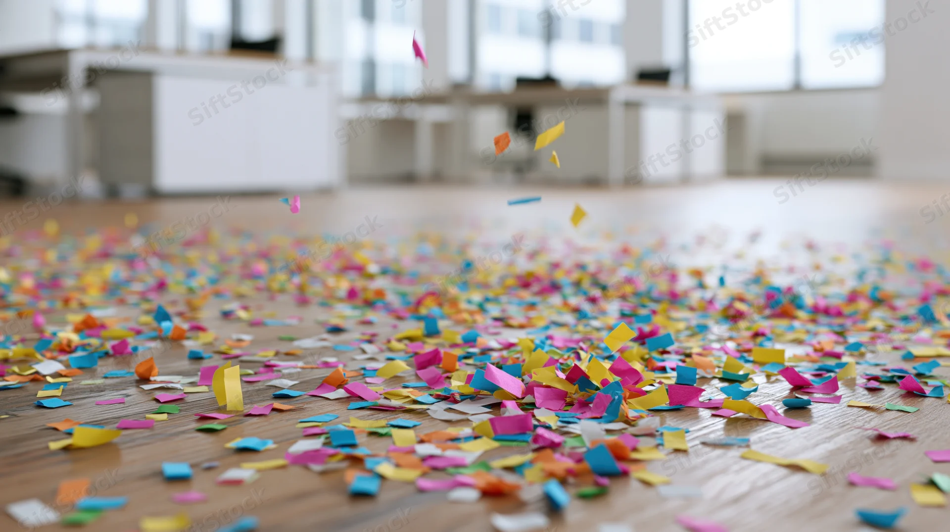 Colorful paper confetti falling and scattered across wooden floor in modern office interior