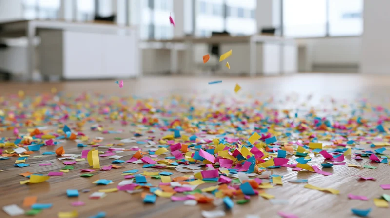Colorful paper confetti falling and scattered across wooden floor in modern office interior